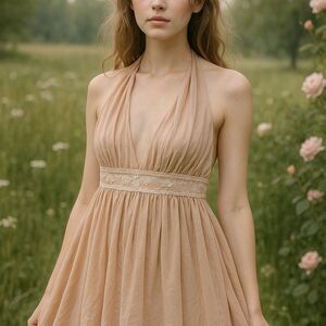 Blush Lace Waist Halter Tunic Top M Coquette Fairycore Ethereal Romantic